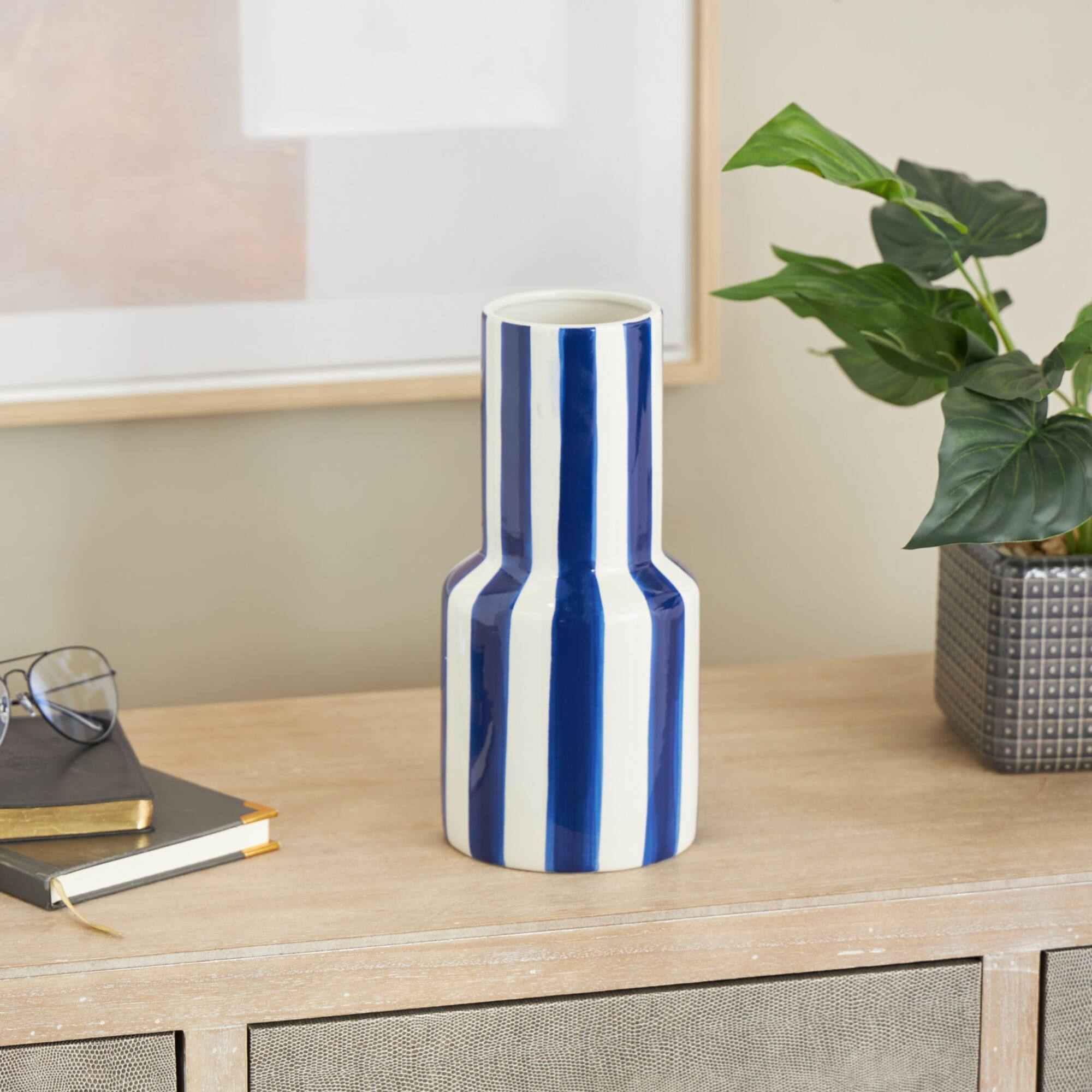 11" White & Blue Stripes Round Decorative Ceramic Vase